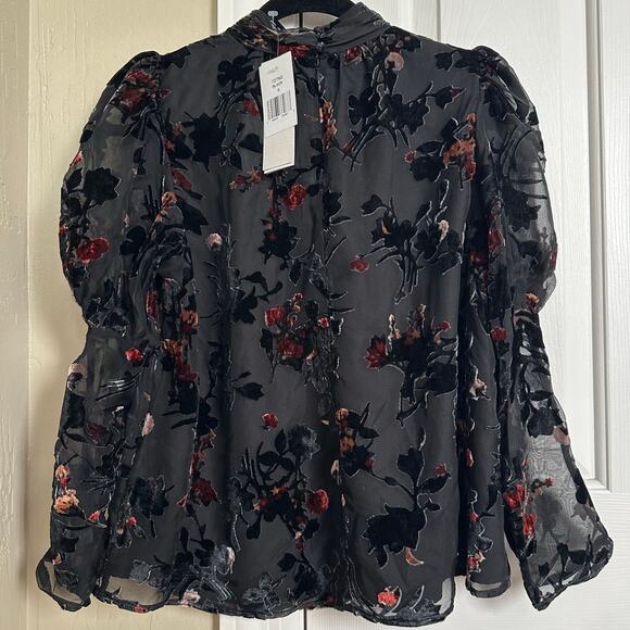 Black Floral Velvet Burnout Sheer Mock Neck Blouse Top - Picture 4 of 9